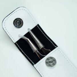 estuche set pack dos pinzas plateadas para extensiones de pestañas