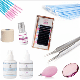 Kit básico de extensiones de pestañas con herramientas esenciales para iniciarse en la técnica.