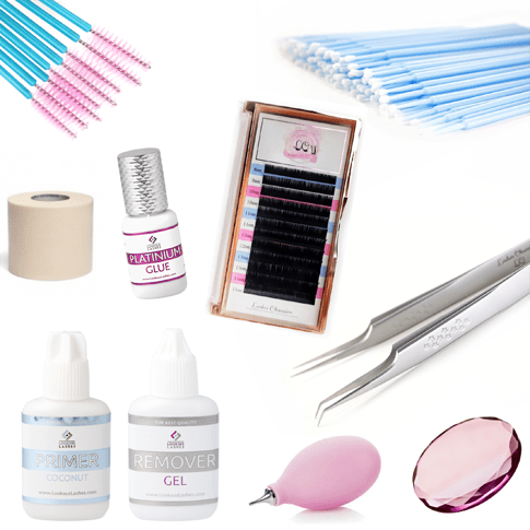 Kit básico de extensiones de pestañas con herramientas esenciales para iniciarse en la técnica.