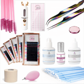 Kit completo de extensiones de pestañas con herramientas y materiales esenciales para principiantes y profesionales.