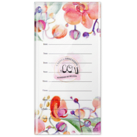 Base de cristal con ilustración de orquídeas para organizar tiras de extensiones de pestañas.